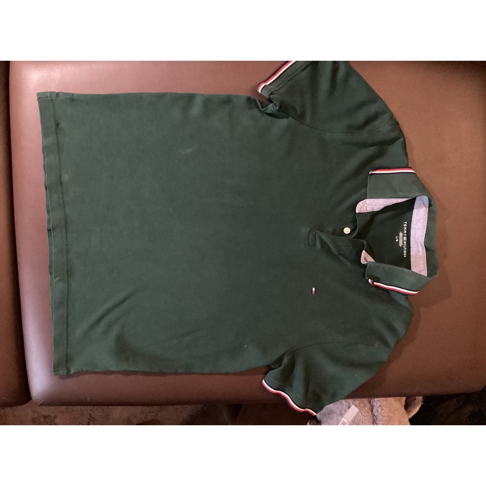 Tommy Hilfiger Mens Polo Shirt Large Green Short Sleeve Striped Trim Pique Flag